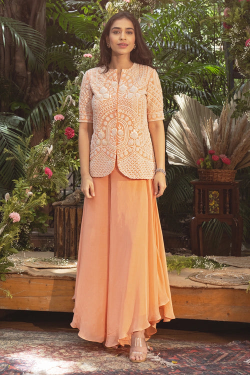 Zurine Peach Embroidered Jacket with Pants