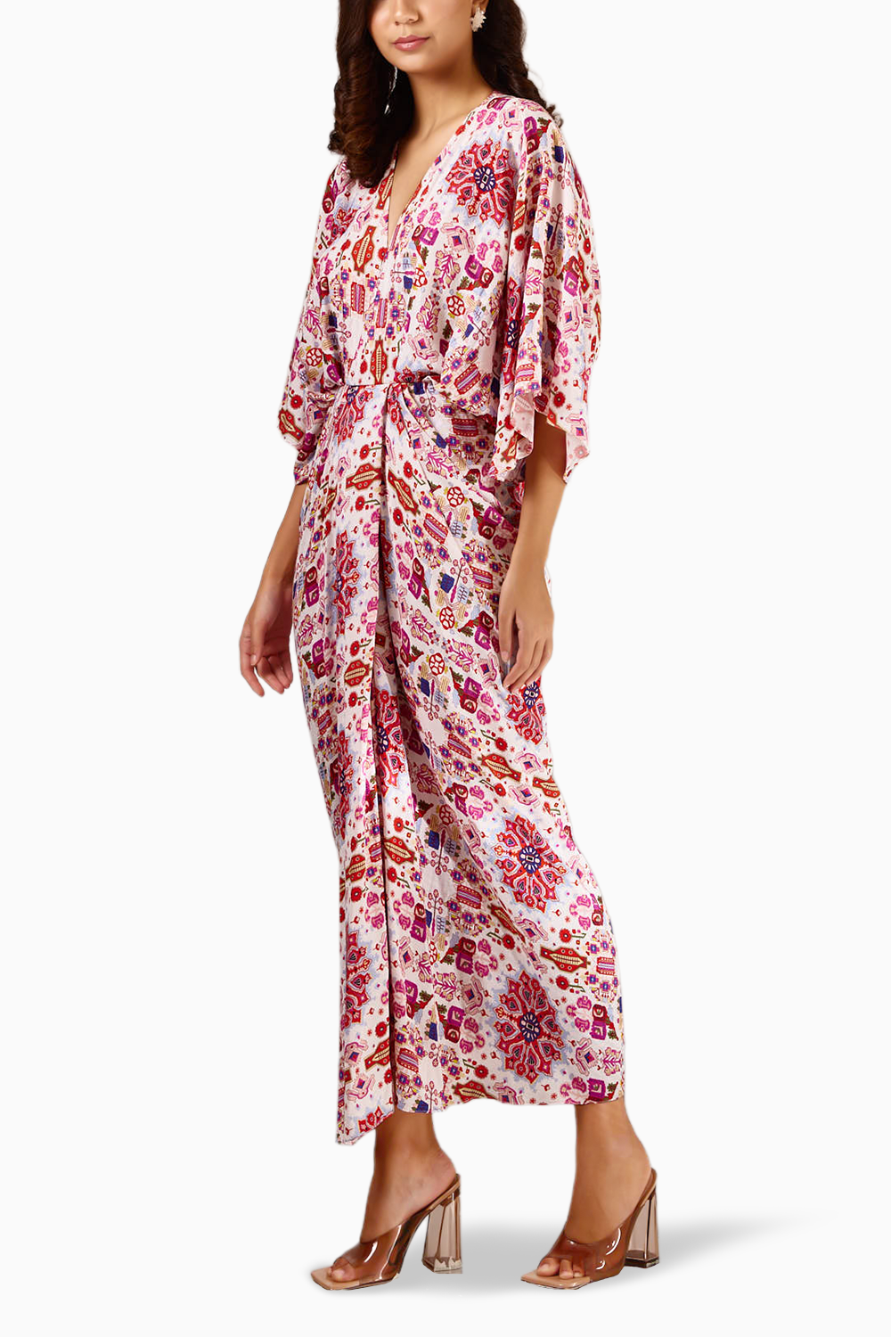 White Kashan Print Banana Silk Draped Dress