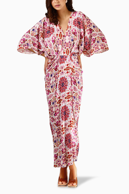 White Kashan Print Banana Silk Draped Dress