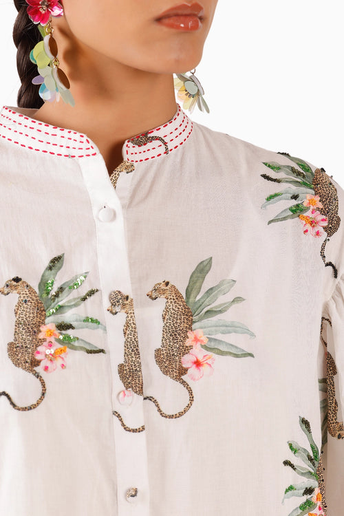 Off-White Cheetah Ballon Sleeve Shirt Dress