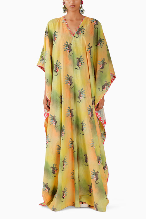 Ombre Seersucker Embroidered Leopard Kaftan