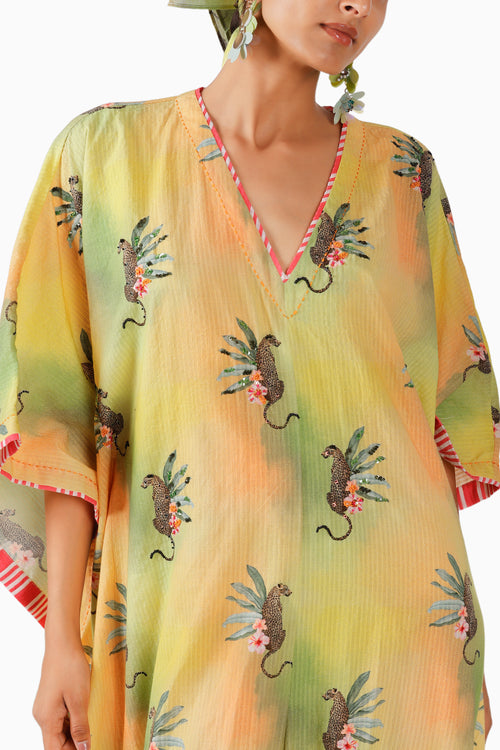 Ombre Seersucker Embroidered Leopard Kaftan