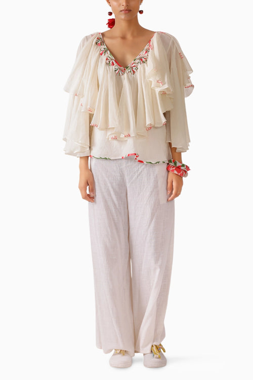 Cream V-Neck Mul-Mul Ruffle Top