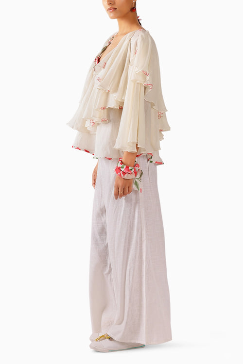 Cream V-Neck Mul-Mul Ruffle Top