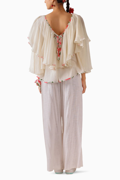 Cream V-Neck Mul-Mul Ruffle Top