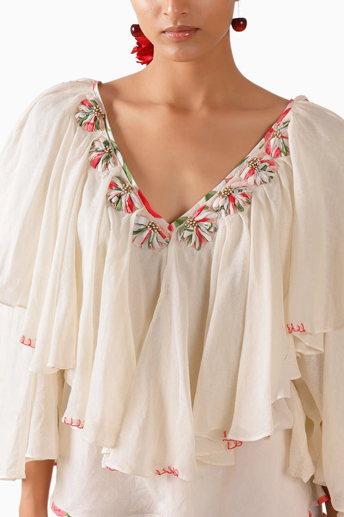 Cream V-Neck Mul-Mul Ruffle Top