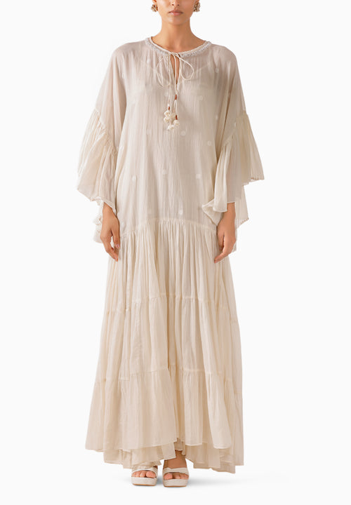 Cream Pearl Embroidered Tier Long Jaamdani Dress