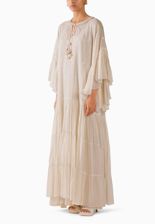 Cream Pearl Embroidered Tier Long Jaamdani Dress