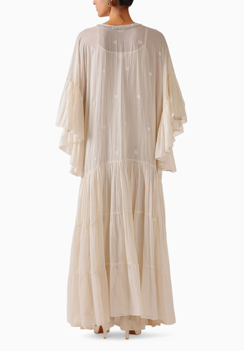 Cream Pearl Embroidered Tier Long Jaamdani Dress