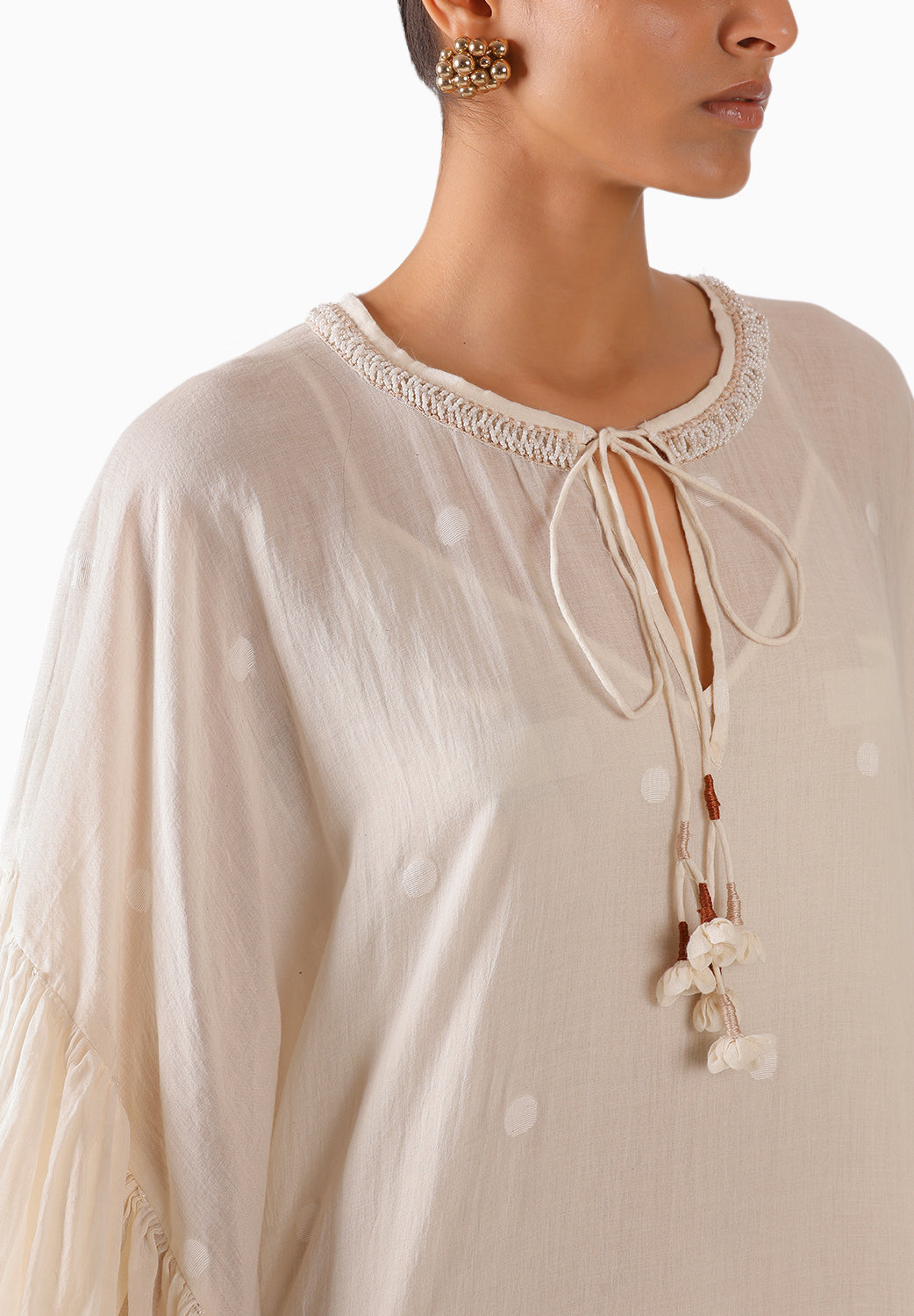 Cream Pearl Embroidered Tier Long Jaamdani Dress
