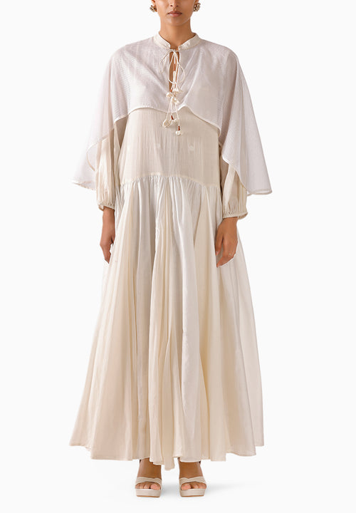 Cream Godet Cape Dress