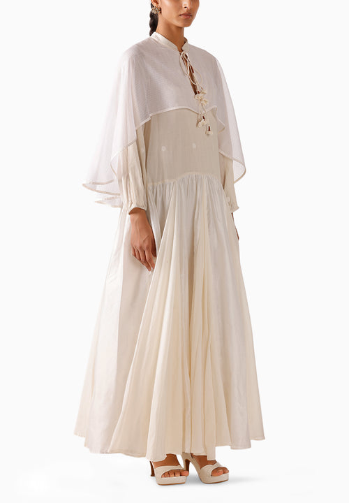 Cream Godet Cape Dress