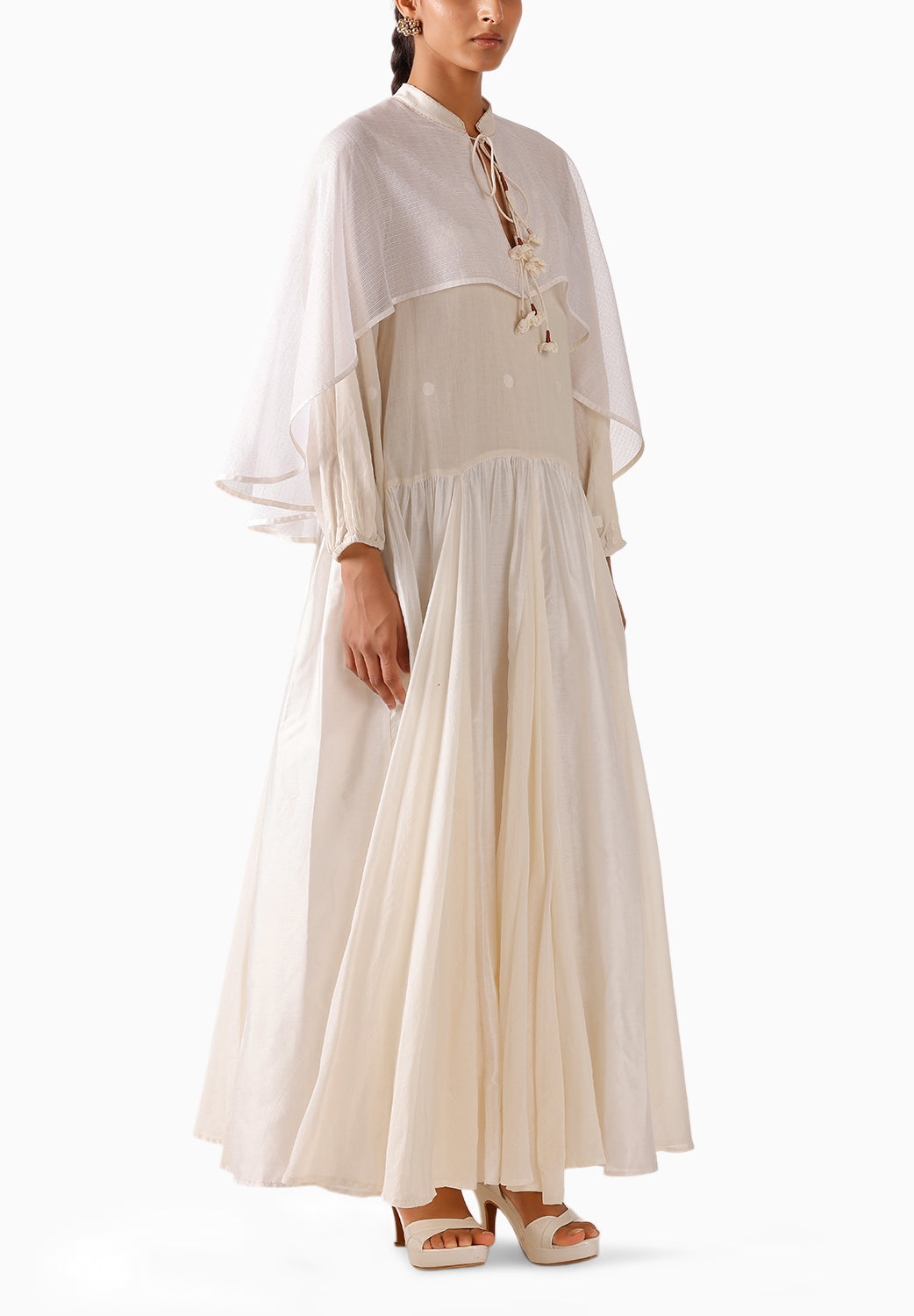 Cream Godet Cape Dress