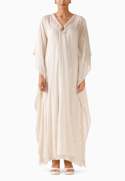 Cream Jamdani Pearl Embroidered Kaftan