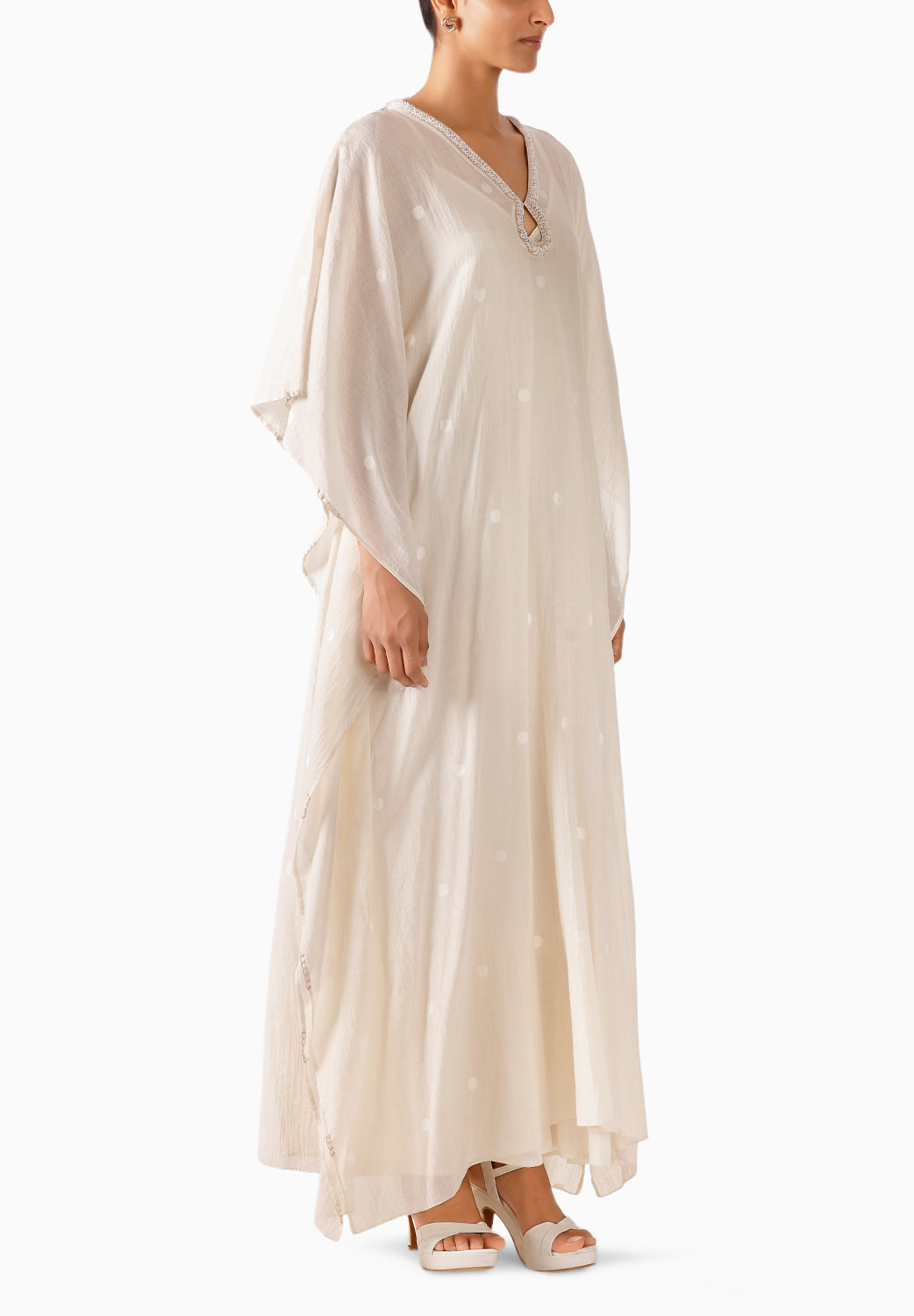 Cream Jamdani Pearl Embroidered Kaftan
