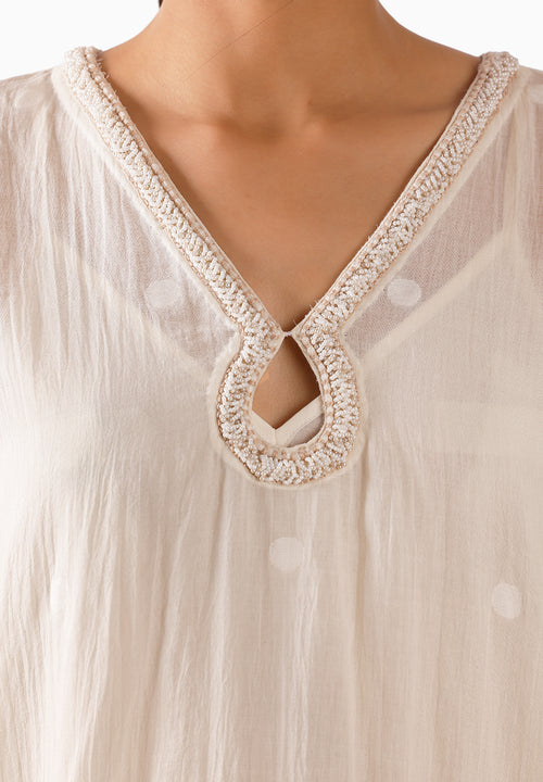 Cream Jamdani Pearl Embroidered Kaftan