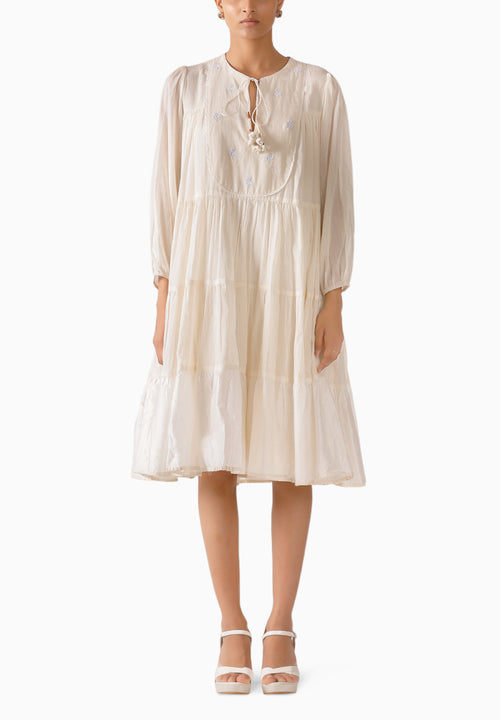 Cream Jamdani Midi Tier Dress
