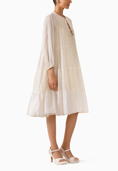 Cream Jamdani Midi Tier Dress