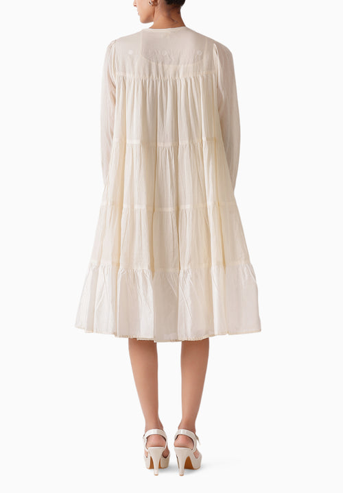 Cream Jamdani Midi Tier Dress