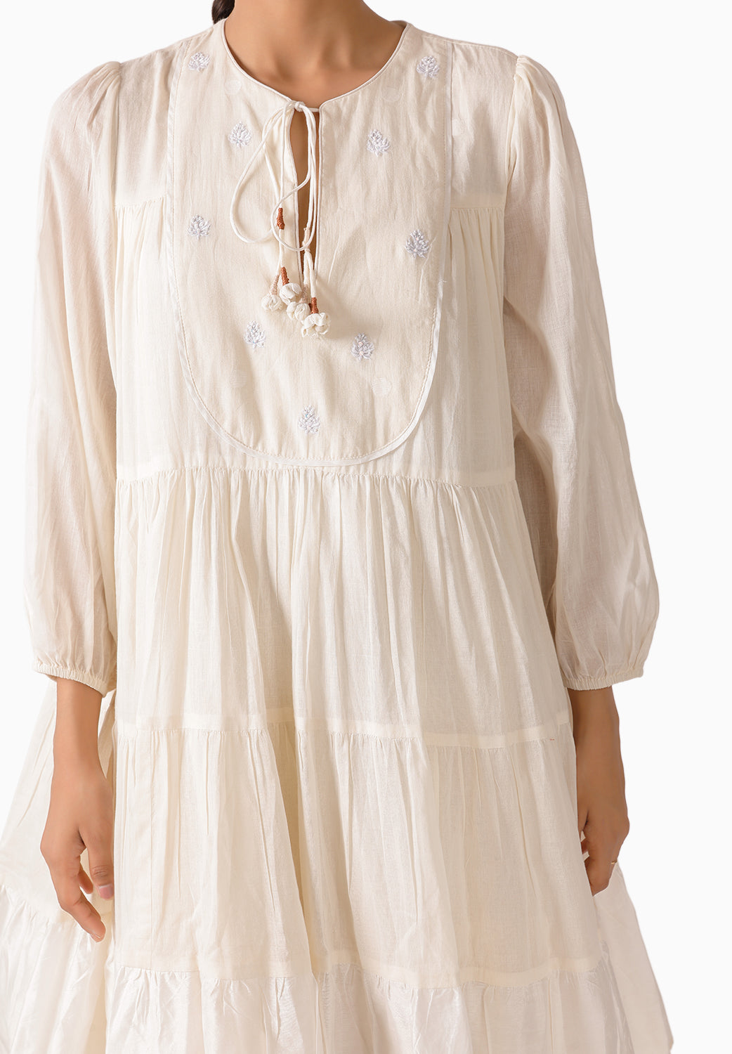 Cream Jamdani Midi Tier Dress