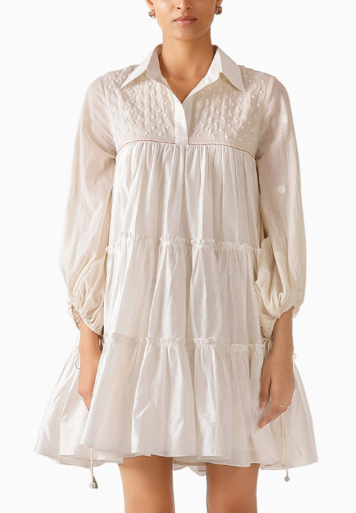 Cream Balloon Sleeves Jaamdani Dress