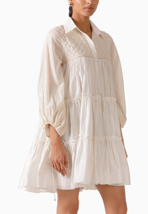 Cream Balloon Sleeves Jaamdani Dress