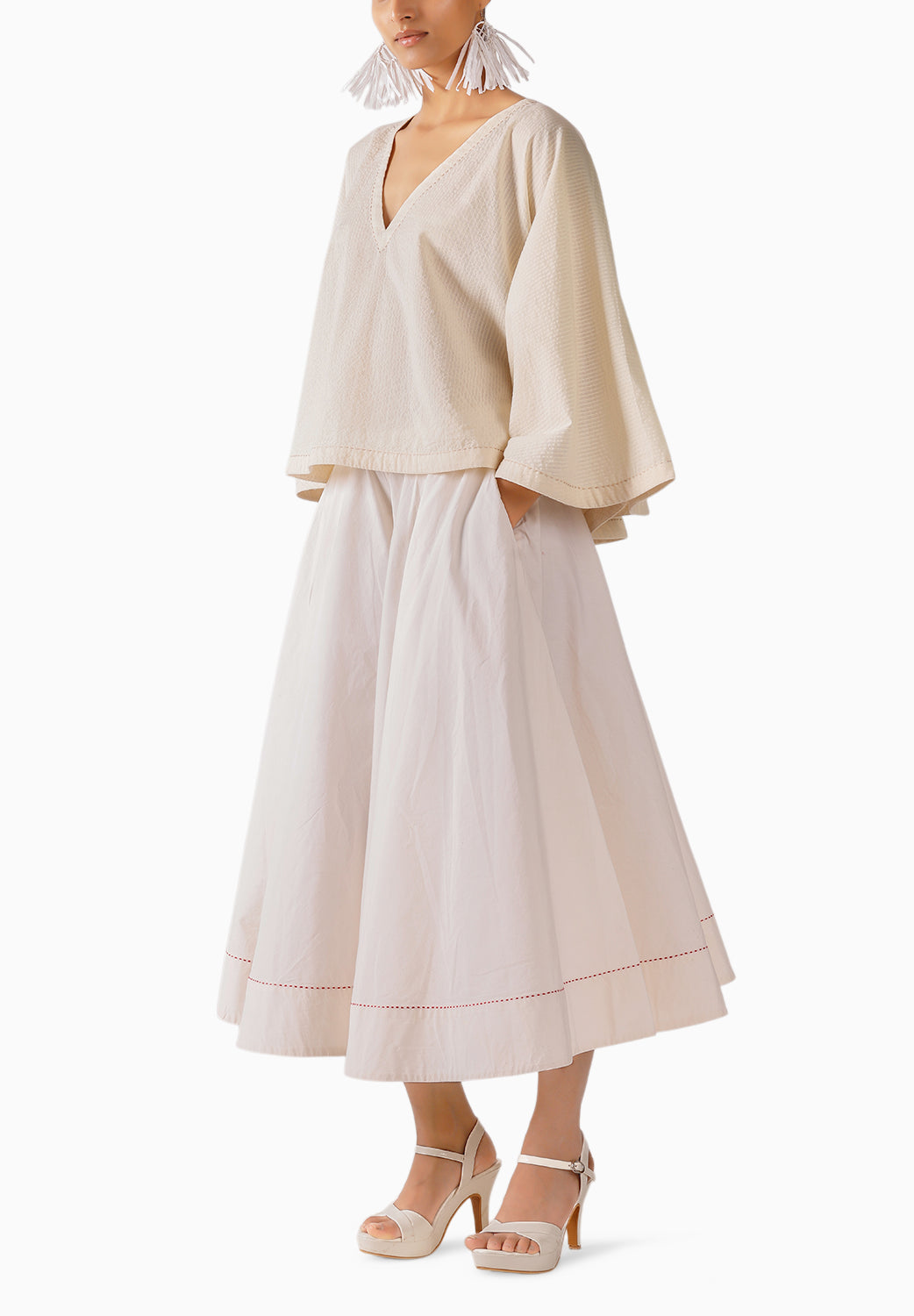Cream Seersucker Kaftan Skirt Set