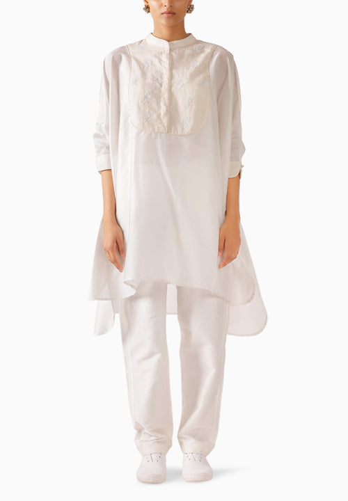 Cream Jamdani Polka Kaftan Top With Pants