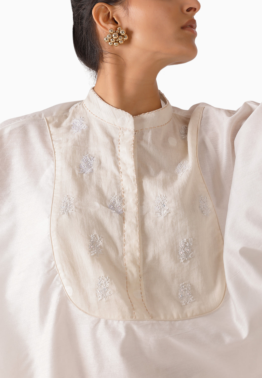 Cream Jamdani Polka Kaftan Top With Pants