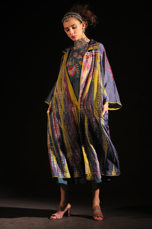 Indigo Embroidered Dress with Shirt Cape