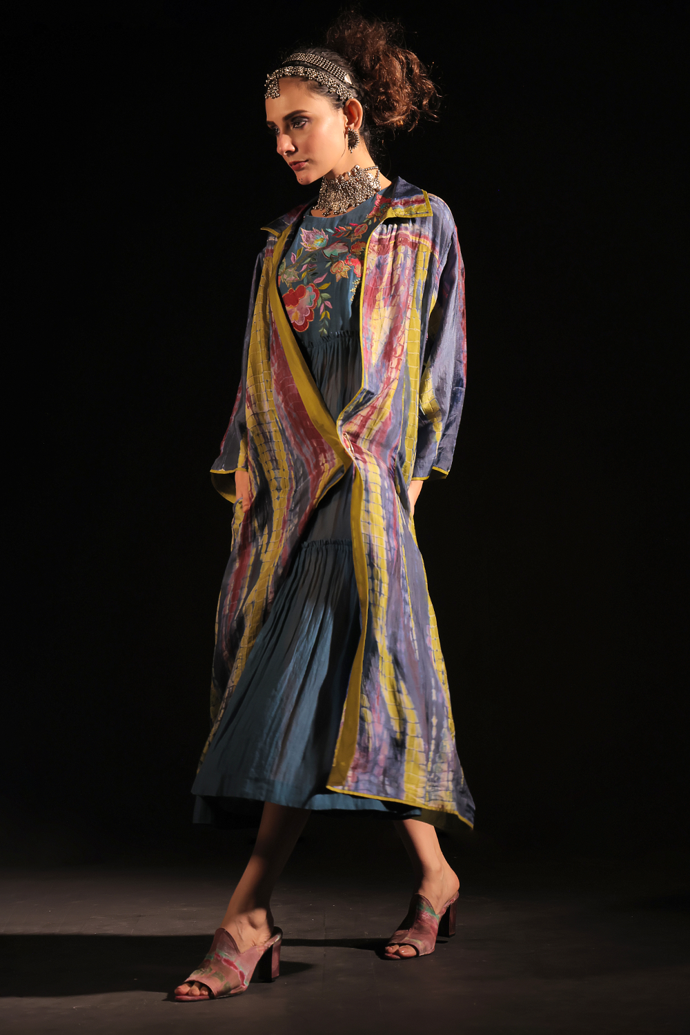 Indigo Embroidered Dress with Shirt Cape