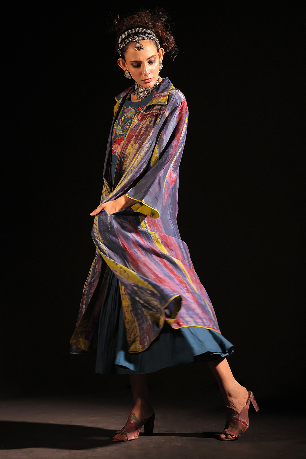 Indigo Embroidered Dress with Shirt Cape