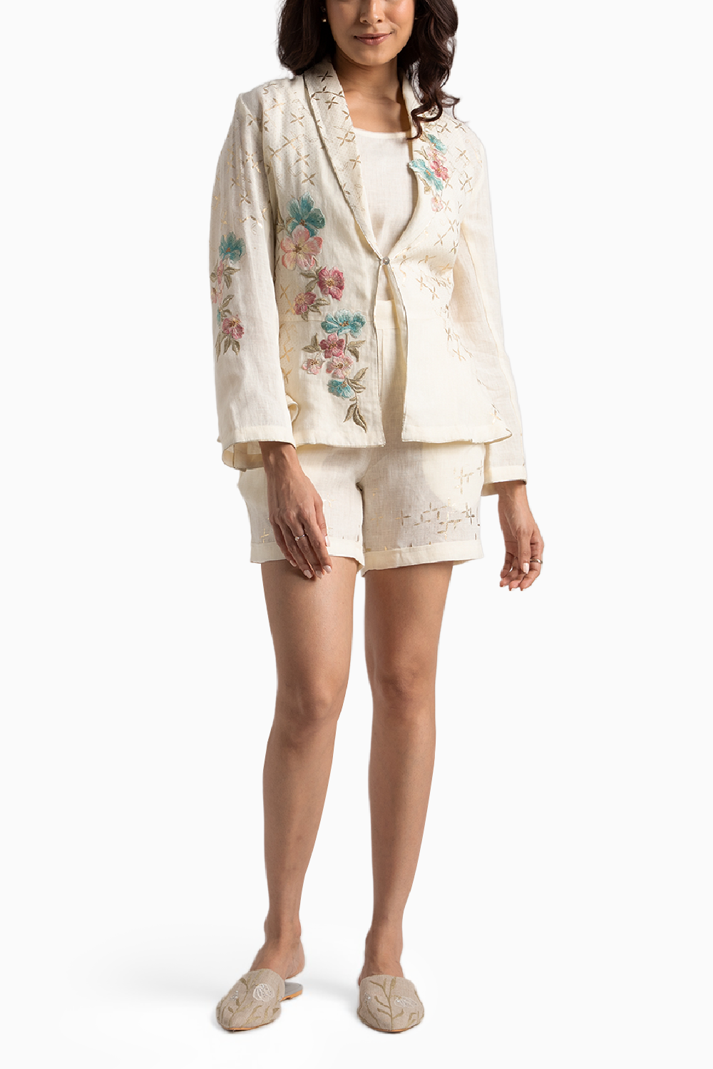 Corsage Peplum Off White Jacket and Shorts Set