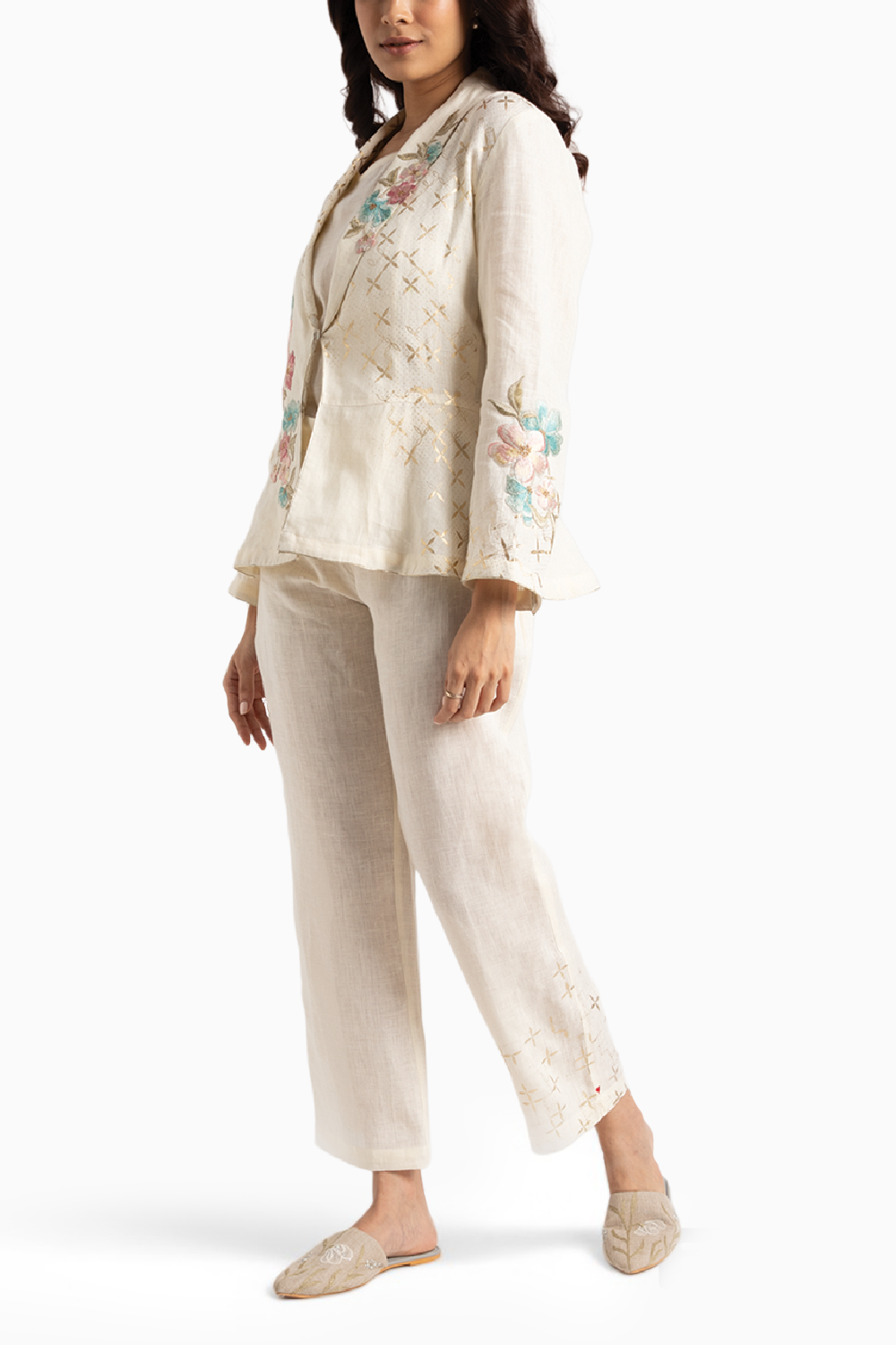 Corsage Peplum Off White Jacket and Pant Set