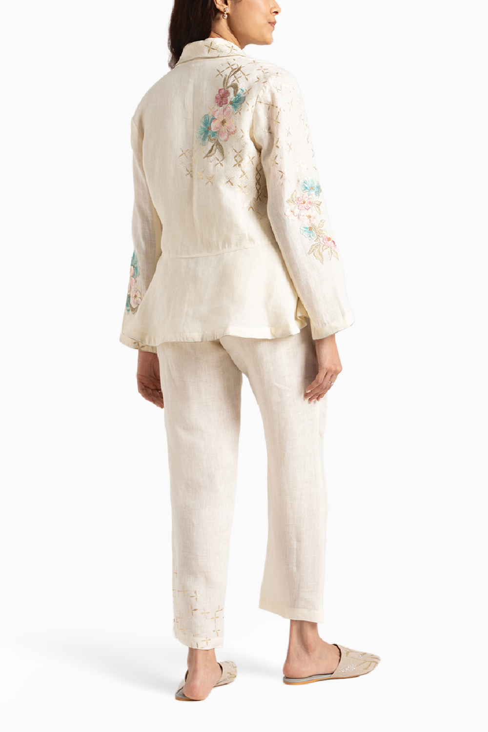 Corsage Peplum Off White Jacket and Pant Set