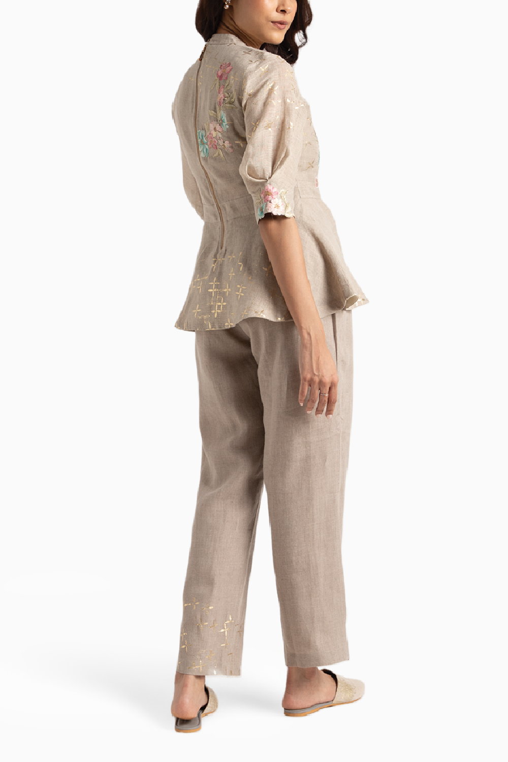 Corsage Peplum Natural Top and Pant Set