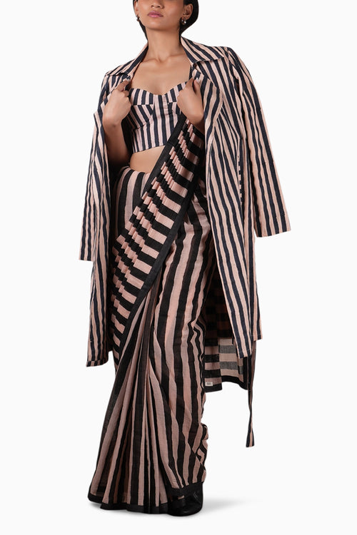 Pink With Charcoal Block Printed Corset with Saree and Trench Set