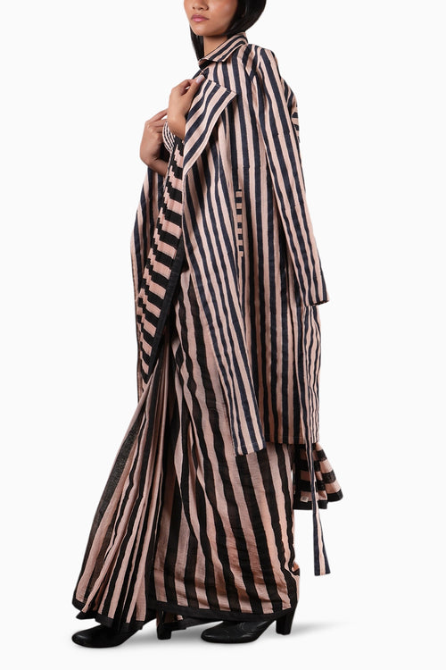 Pink With Charcoal Block Printed Corset with Saree and Trench Set