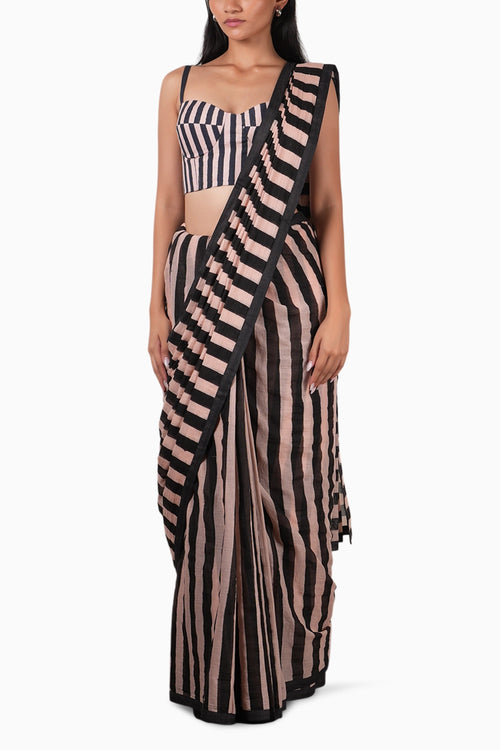 Pink With Charcoal Block Printed Corset with Saree and Trench Set
