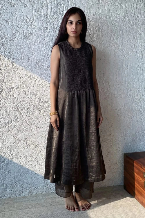 Pewter Scrunchy Yoke Shift Dress