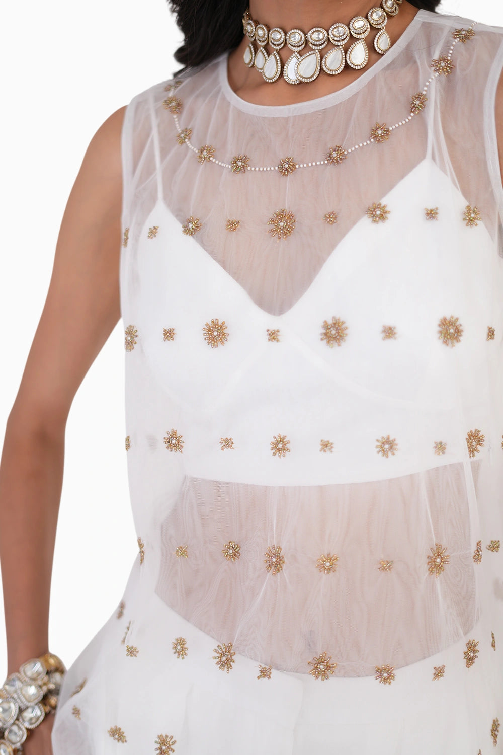 Golden Ivory Embroidered Top And Silk Wave Pant Set