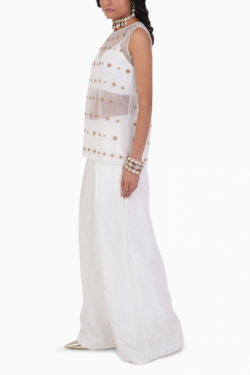Golden Ivory Embroidered Top And Silk Wave Pant Set