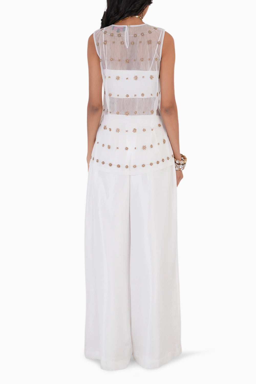 Golden Ivory Embroidered Top And Silk Wave Pant Set