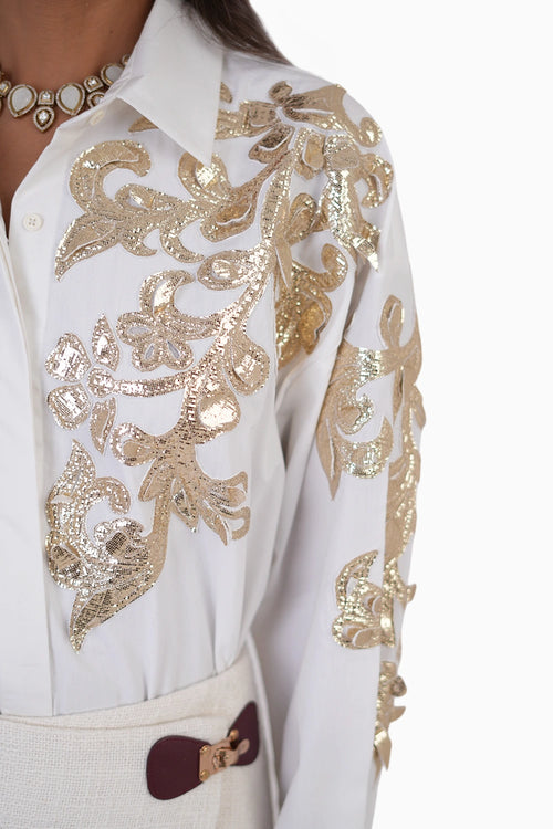 Feathered Gold Embroidered Shirt With Wrap Skirt Set