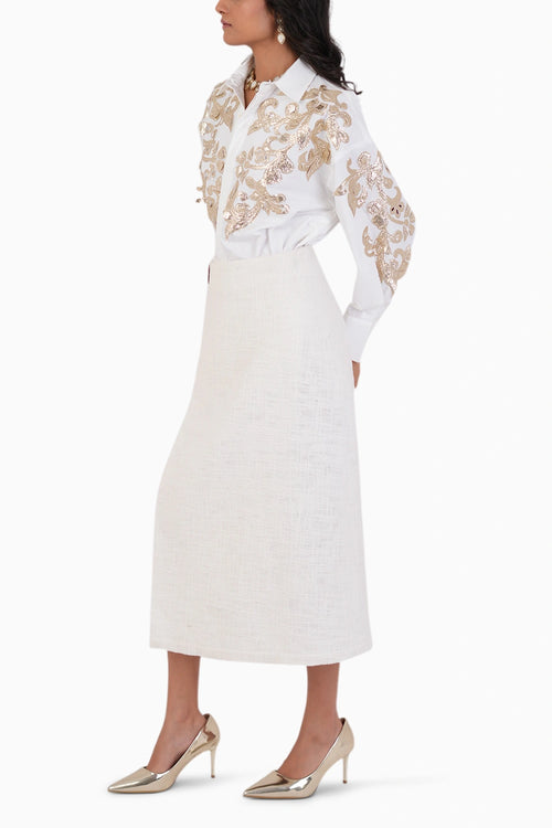 Feathered Gold Embroidered Shirt With Wrap Skirt Set