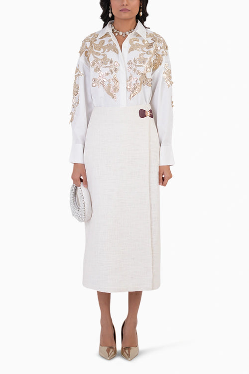 Feathered Gold Embroidered Shirt With Wrap Skirt Set