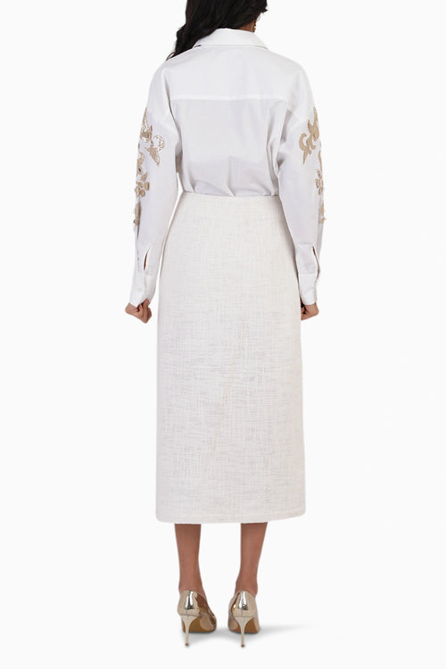 Feathered Gold Embroidered Shirt With Wrap Skirt Set