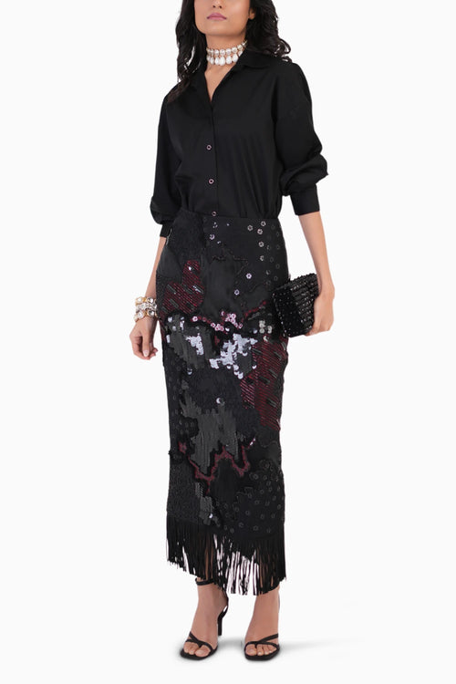 Black Everyday Essentail Shirt And Embroidered Skirt Set