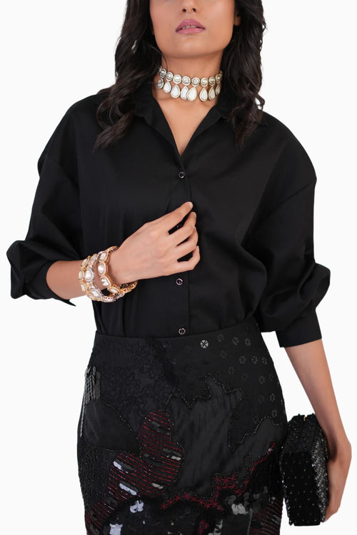 Black Everyday Essentail Shirt And Embroidered Skirt Set