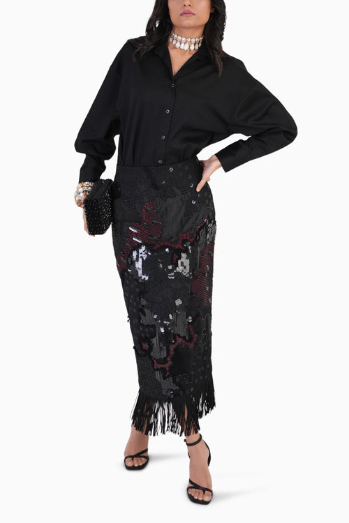Black Everyday Essentail Shirt And Embroidered Skirt Set